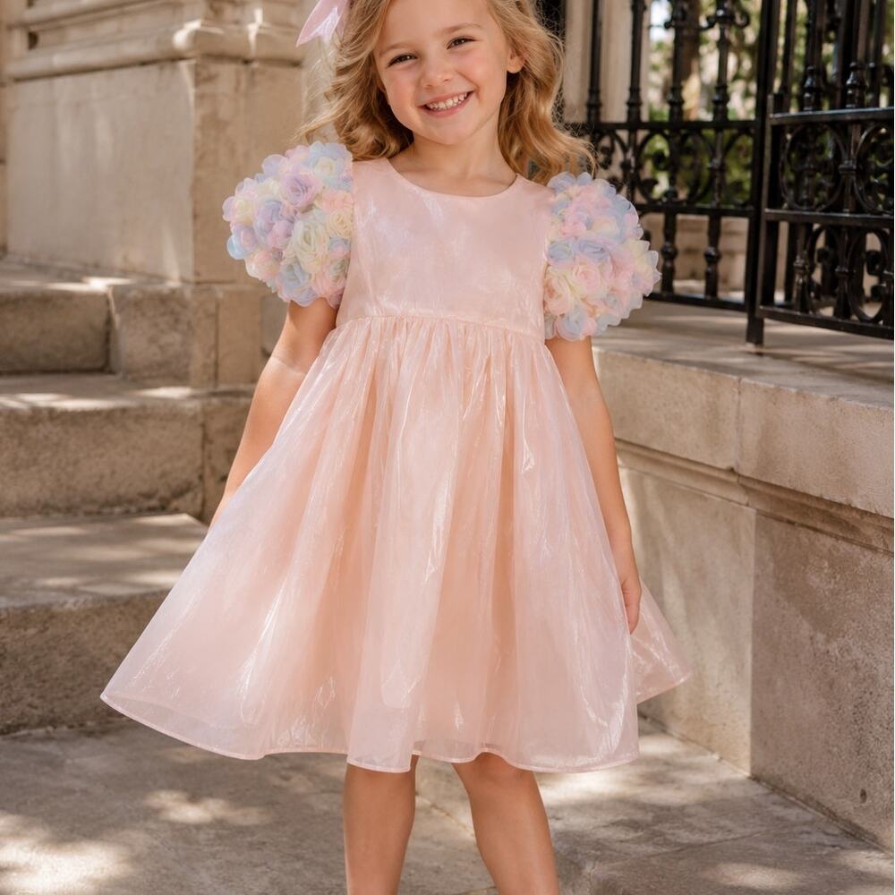 Lola + The Boys Flower Puff Sleeve Tulle Dress Blush Pink Size 8